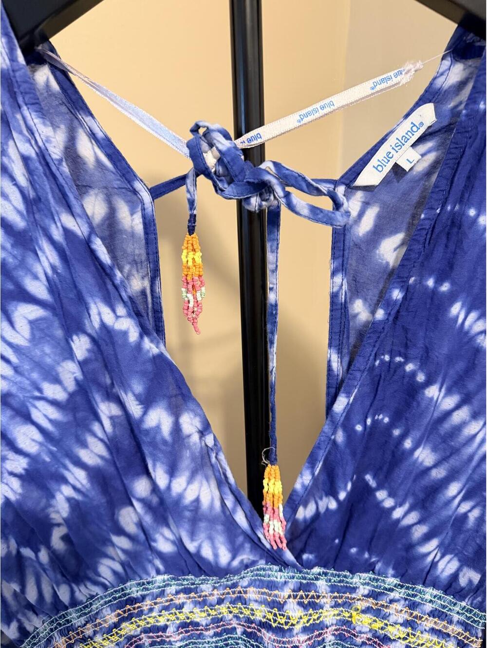 Blue Island Tie Dye Boho Babydoll Tunic Dress Blue White Size L - Picture 2 of 4